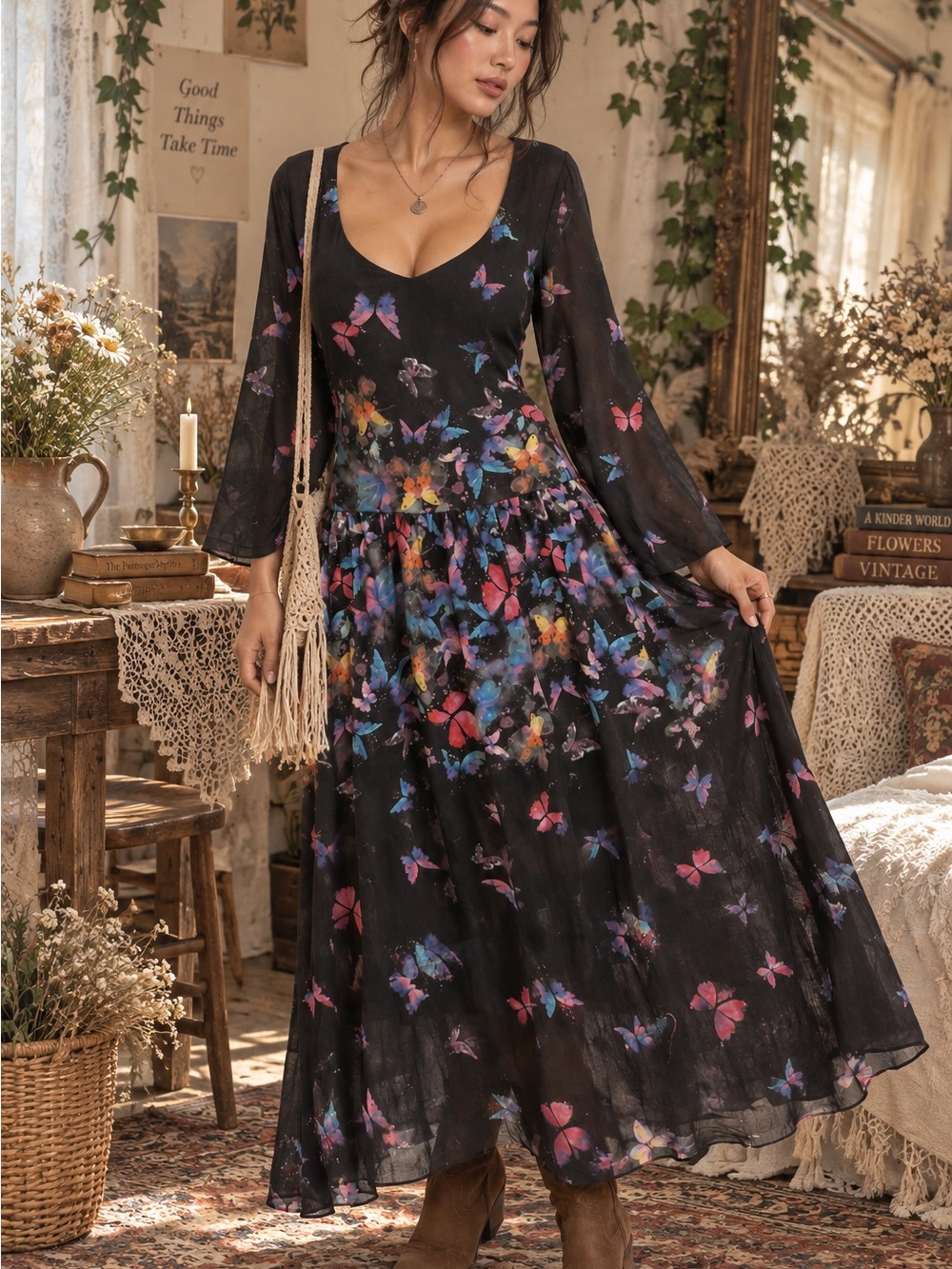 Dolly & Dotty Boho Black Butterfly Print Maxi Dress